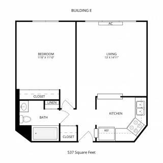 A floor plan of a one-bedroom apartment with a living room, kitchen, bathroom, and balcony.