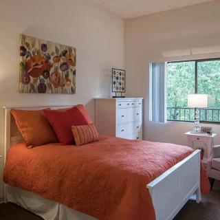 A cozy bedroom with orange bedding, a white dresser, and a large window allowing natural light to fill the room.