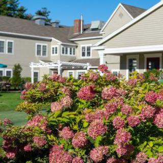 A scenic view of a house with a beautiful garden full of blooming flowers.