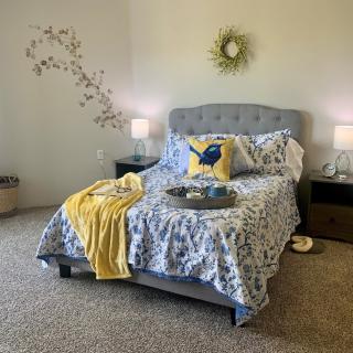 A cozy bedroom with a neatly made bed featuring blue and yellow bedding, decorative pillows, and bedside lamps.