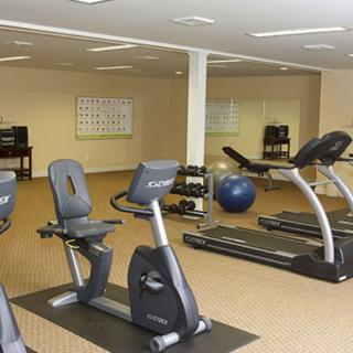 A well-equipped gym with treadmills, stationary bikes, and dumbbells for fitness enthusiasts.
