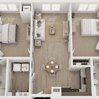 A 3D floor plan of a two-bedroom apartment featuring an open living and dining area, a kitchen, and a bathroom.