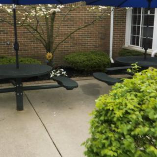 Outdoor patio area with picnic tables, umbrellas, and surrounding greenery.
