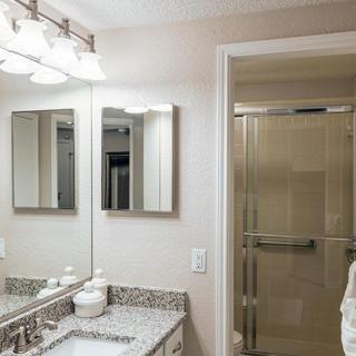 A modern bathroom featuring a granite countertop, double mirrors, and a glass-enclosed shower.