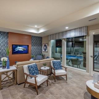 A modern living room with stylish furniture and a cozy ambiance.