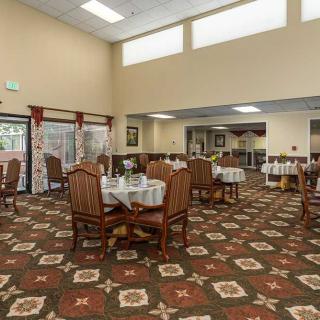 A spacious dining room with neatly arranged tables and chairs, featuring a decorative carpet and ample natural lighting.