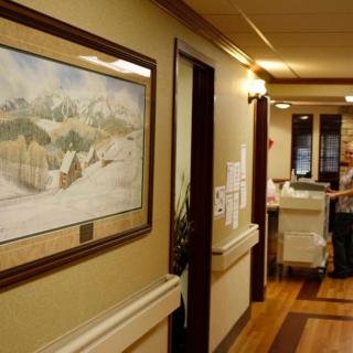 A hospital hallway featuring a landscape painting on the wall.