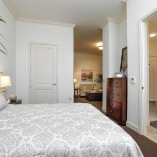 A modern bedroom with a bed, dresser, and an adjoining bathroom.