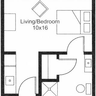 A floor plan of a 10x16 living/bedroom studio apartment with basic amenities.