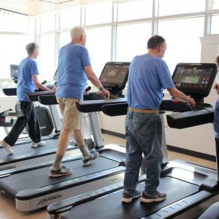 A group of people exercising on treadmills at a gym.