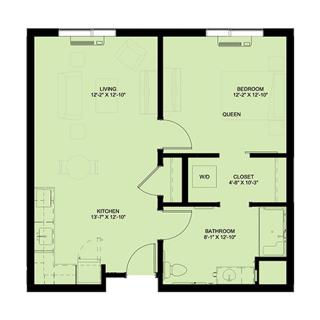 Floor plan of a two-bedroom apartment with designated living, kitchen, and bathroom areas.