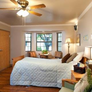 A cozy and inviting bedroom with natural light, featuring a ceiling fan and comfortable furnishings.