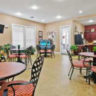 A well-lit dining area with multiple tables and chairs, decorated with plants and a television mounted on the wall.