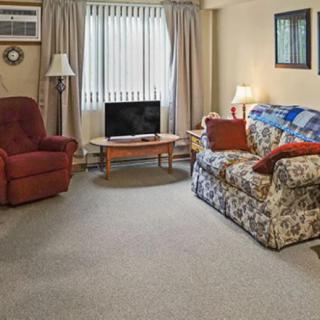 A cozy living room with a patterned sofa, armchair, television, and natural lighting.