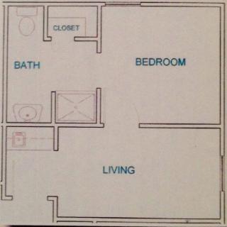 A simple floor plan of an apartment featuring a living room, bedroom, bathroom, and closet.