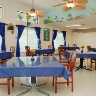 A dining area with blue tablecloths, wooden chairs, and decorative paintings on the wall.