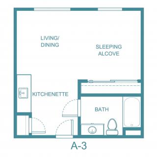 Studio apartment floor plan with living/dining, sleeping alcove, kitchenette, and bath.