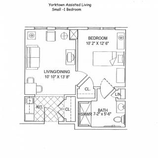 Floor plan of a one-bedroom assisted living apartment with a living/dining area, bathroom, and kitchen.
