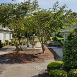 A serene garden scene featuring a fountain surrounded by lush greenery and well-maintained paths.