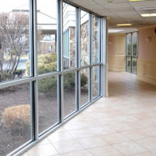 A spacious hallway featuring large windows that allow natural light to illuminate the interior, complemented by indoor greenery.