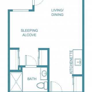 A floor plan of a studio apartment featuring a sleeping alcove, bathroom, kitchenette, and a combined living/dining area.