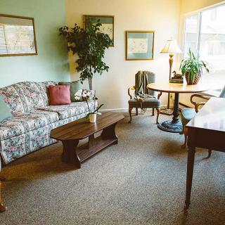 A cozy living room with a floral sofa, wooden coffee table, and indoor plants.