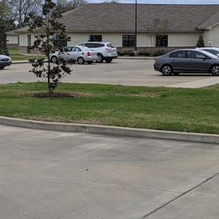 A view of a parking lot with several cars, a building in the background, and a small tree.