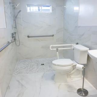 An accessible bathroom with a walk-in shower and support bars.