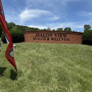 A sunny day view of the Avalon View Health & Wellness center sign, surrounded by lush greenery.