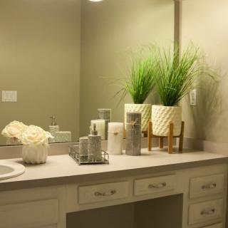 A bathroom countertop with a mirror, decorated with indoor plants, towels, and a soap dispenser.