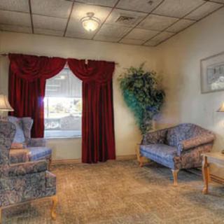 A cozy living room with patterned armchairs, red curtains, and a potted plant.