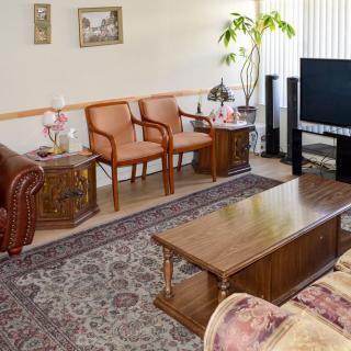A cozy living room with a sofa, chairs, and a coffee table arranged around a TV and indoor plant.