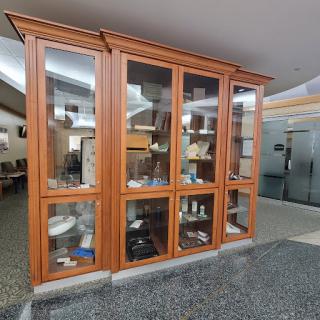 A stylish wooden display cabinet with glass doors, showcasing various items in a contemporary office environment.