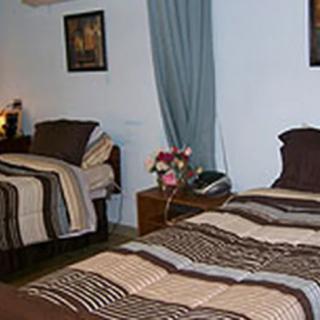A cozy bedroom with two beds, decorated with striped bedding and floral accents.