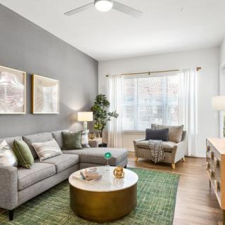 A modern living room with a grey sofa, coffee table, and ample natural light.