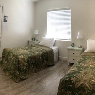 A cozy bedroom with two twin beds covered in tropical-themed bedspreads, complete with nightstands and lamps by the window.