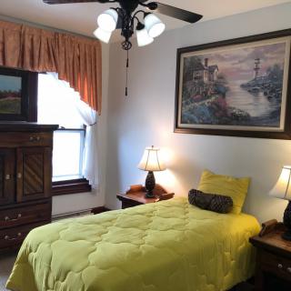 A cozy bedroom with a single bed, bright yellow bedding, and classic decor.