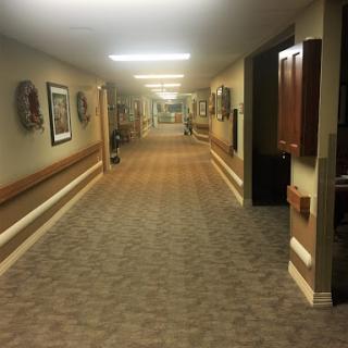 A well-lit hallway featuring patterned carpet and decorative wall art.