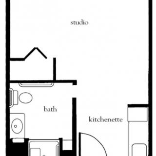 A floor plan of a studio apartment featuring a bathroom and kitchenette.