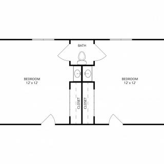 A floor plan showing two bedrooms with a shared bathroom in the center.