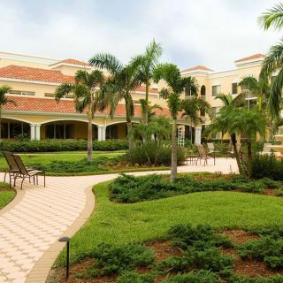 A scenic view of a landscaped garden with palm trees and a modern building in the background.