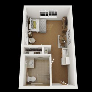 A 3D floor plan of a compact studio apartment featuring a bedroom, kitchen, and bathroom.