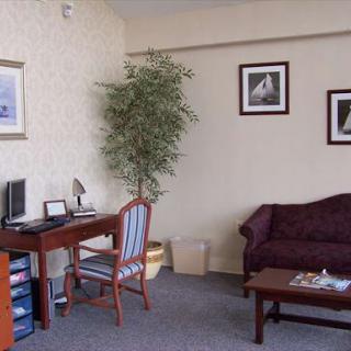 A cozy living room with a desk and computer setup, featuring a comfortable sofa and decorative plant.