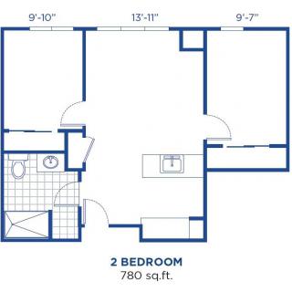 A floor plan for a two-bedroom apartment with a total area of 780 square feet.