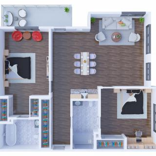 A detailed floor plan of a two-bedroom apartment featuring a kitchen, bathroom, living room, and dining area.