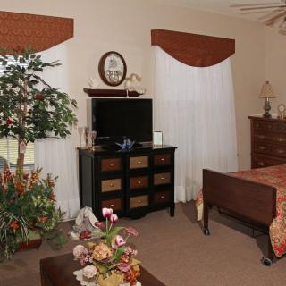 A cozy bedroom featuring a bed, television, and dresser with decorative plants.