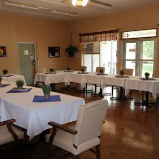 A spacious dining area with neatly arranged tables, each topped with a small plant, inviting a comfortable atmosphere.