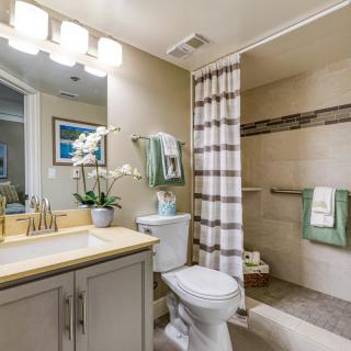 Modern bathroom with a sink, toilet, and shower featuring elegant decor.