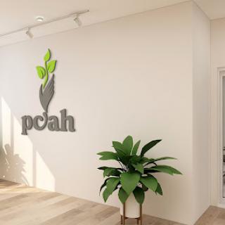 A modern office space featuring a plant and a logo on the wall.