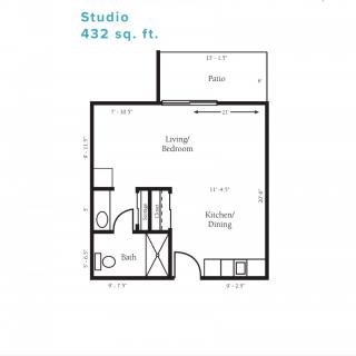 A floor plan of a 432 sq. ft. studio apartment, showing the layout of living and kitchen areas.
